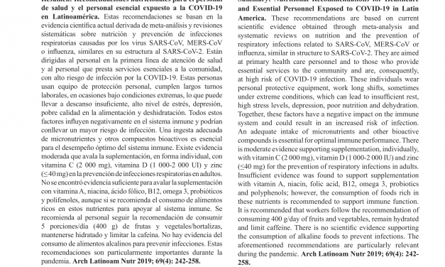 Recomendaciones nutricionales para el personal de salud  y el personal esencial expuesto a la COVID-19 en Latinoamérica